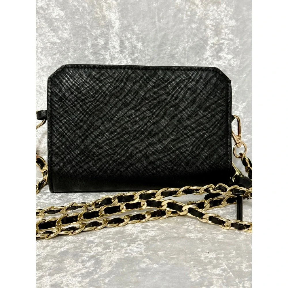 Steve Madden Black Saffiano Faux Leather Crossbody Wallet Bag Gold Chain Strap